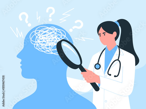 An insightful illustration focused on mental health with a doctor examining the mind, emphasizing the importance of mental wellness and clarity in understanding psychological concepts.