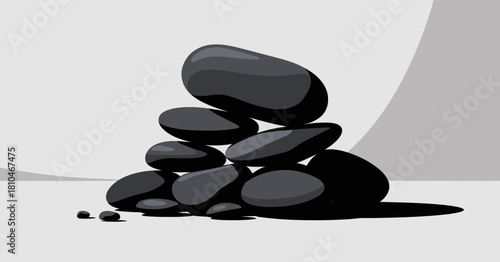 A serene arrangement of smooth black stones stacked harmoniously creates an atmosphere of calmness and balance, ideal for themes of relaxation and minimalist design.
