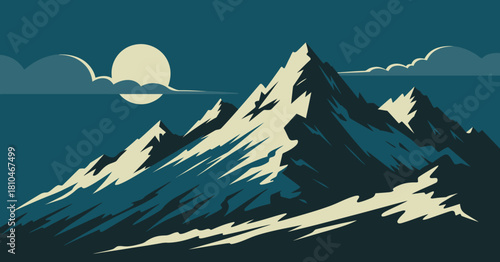 A captivating stylized mountain landscape art piece, combining retro aesthetics and modern design elements, evoking a sense of adventure and appreciation for nature's beauty.