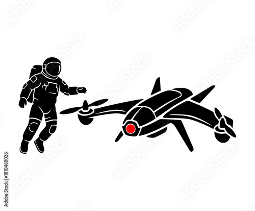 Astronaut with Futuristic Drone in Space Silhouette Icon for Advanced Exploration & Robotics