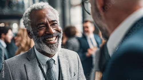 Smiling senior businessman in formal attire speaks to a colleague at event generative ai