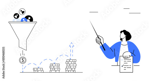 Funnel with user icons converting to money, stacks of coins increasing, person presenting with a chart. Ideal for marketing, sales, business strategy, financial growth, presentations, education