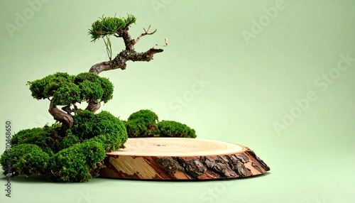 Minimalist Luxury Tree wooden cut covered by green mossy. standing Podium in Pastel Green studio background backdrop 