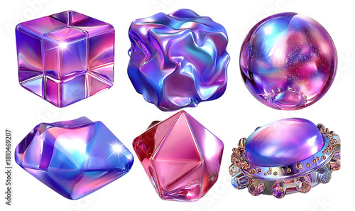 Iridescent Cosmic Tech Artifacts with Glossy and Transparent Finishes on Isolated Background