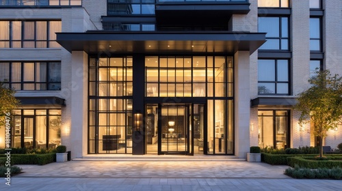 Luxury building entrance with glass doors & panels, limestone facade, & inviting glow at dusk
