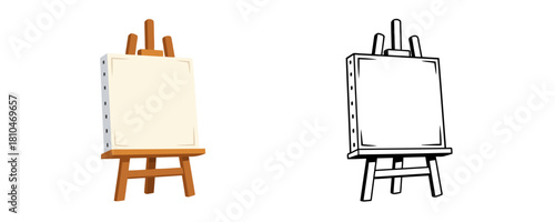 Set of wooden artist easels with a blank canvas one is a colored illustration and the other is a black outline sketch against a plain white background