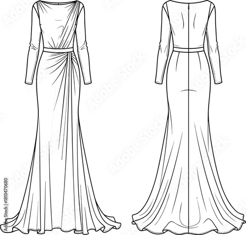 Elegant long-sleeve evening gown fashion sketch, detailed draped dress illustration, formal garment technical drawing, couture design template, flowing silhouette apparel artwork
