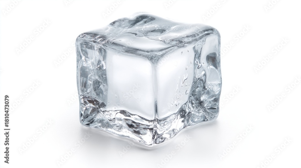 Obraz premium A close-up, isolated photo shows a single, translucent ice cube with slightly irregular edges. It sits against a stark white background