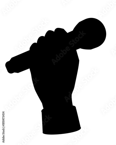 A microphone in a hand is a vector silhouette for a logo, pictogram, or stencil. A hand holding a microphone is a silhouette for a sign or icon.