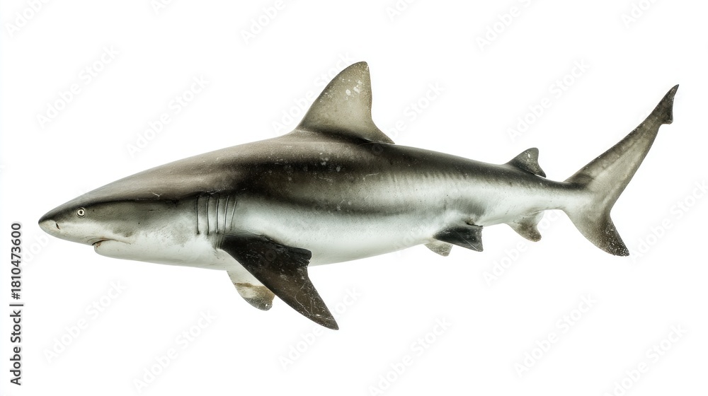 Fototapeta premium A side view of a gray shark, with a white underbelly, is isolated on a white background, showcasing its fins and sharp teeth