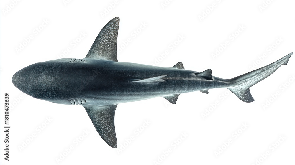 Fototapeta premium Overhead shot of a sleek, marine predator. Dark grey dorsal surface fades to a light belly. Fins are pointed, & speckled. Tail extends gracefully