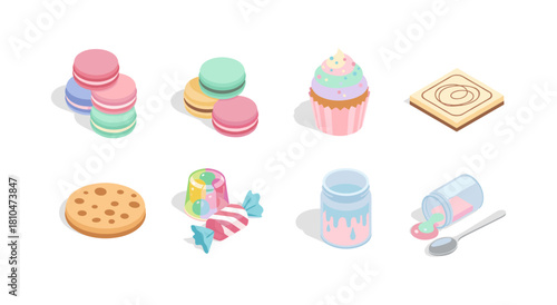Colorful assorted desserts in isometric design with macarons, cupcake, candy, and more
