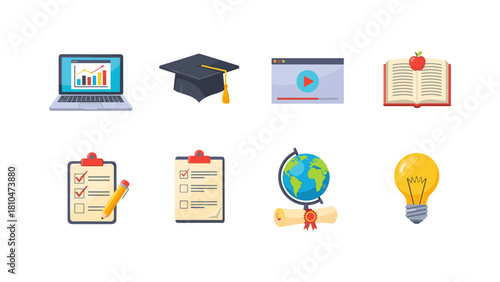 Education and learning icons: laptop, graduation cap, book, world globe, diploma, lightbulb