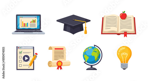 Education icons: laptop, graduation cap, book, checklist, certificate, globe, light bulb