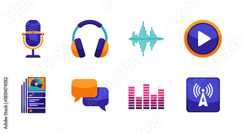 Colorful audio icons set including headphones, microphone, and play button for music and podcasts