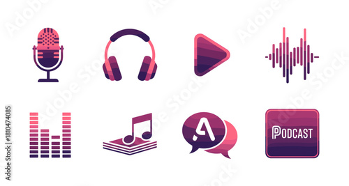 Modern audio icons set: headphones, microphone, music symbols, and podcast elements in flat design