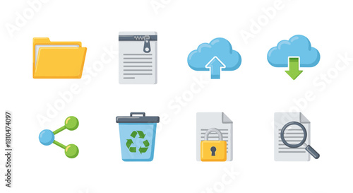 Colorful web and file management icons on white background