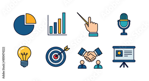 Colorful business icons set with chart, handshake, microphone, and more