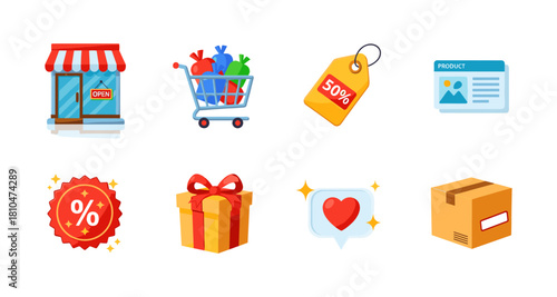 Colorful shopping icons set with discounts, cart, gift, and delivery elements on white background