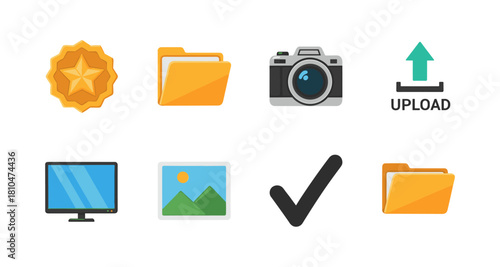 Diverse collection of flat style icons including camera, folders, and upload symbol