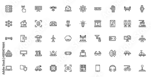 Technology icon set. Vector illustration featuring srver, smart tv, drone, robt, AI, blockchain, smart hme, renewable energy, and ore. Modern tech symbols cllection.