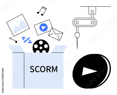 Open SCORM box with multimedia files thumbs up video, images, music, and email alongside automation tools. Ideal for e-learning, content creation, online courses, digital training, automation file