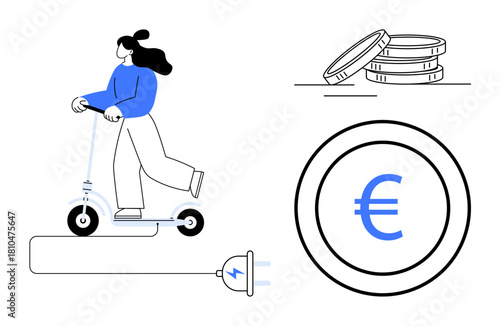 Woman rides electric scooter connected to charging plug, euro symbol within circle, and stacked coins. Ideal for transportation, eco-friendly living, savings, efficiency, economy, sustainability