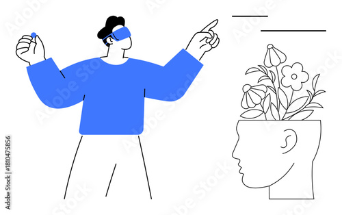 Person with VR headset and gesturing hands interacting with virtual space beside a profile head sprouting flowers. Ideal for innovation, virtual reality, creativity, growth, technology, imagination