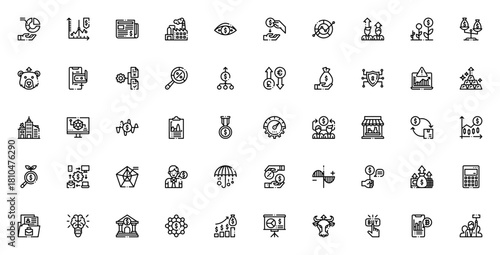 Stock Market icon set. Finance vector icons pack. Miimal line icons including rowth graph, profit, cryptcurrency, portfolio, tradig, risk, money and more. Eitable stroke.