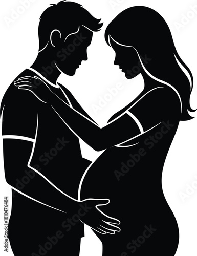Pregnant woman and supportive husband silhouette touching belly, family love, expecting baby moment, parenthood bond, maternity care, romantic couple
