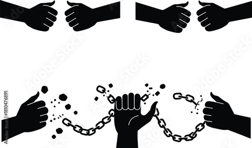 Silhouette hands breaking chains symbolizing freedom, liberation, protest, social justice, independence, powerful concept, human rights illustration, inspirational artwork