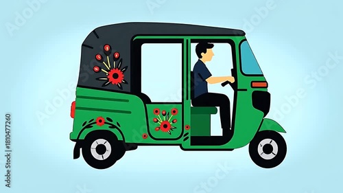 Colorful Auto Rickshaw with Driver – Traditional Tuk Tuk 2D Animation