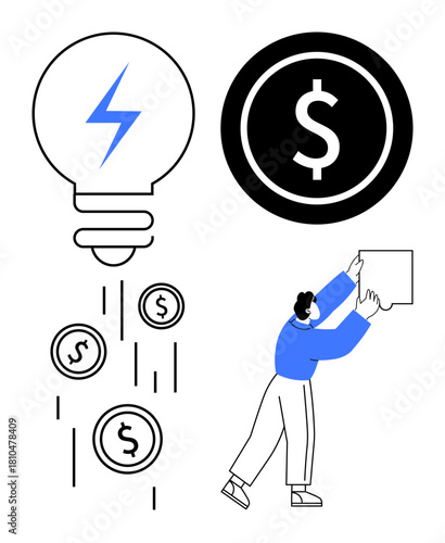 Innovation concept. Innovation generating financial growth with a lightbulb icon and dollar symbols. Innovation inspires economic progress and dynamic business strategies. For technology, startups