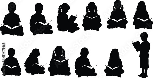 Silhouette vector illustration of children reading books in various seated and standing poses, representing 