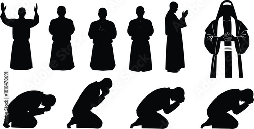 Silhouette vector illustration of people praying and worshiping in various reverent poses, religious devotion concept, spiritual meditation artwork, peaceful faith expression design