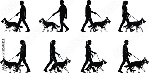 Silhouette vector illustration showing men and women walking dogs on leashes, depicting pet care, outdoor activity, canine training, and lifestyle concepts for modern design use