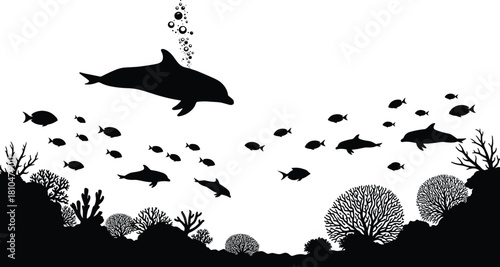 Underwater marine life scene with dolphin swimming above coral reef, diverse fish group, ocean wildlife silhouette illustration, aquatic nature ecosystem vector design