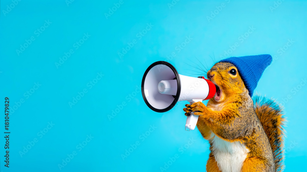 Fototapeta premium squirrel wearing beanie holding megaphone on blue background