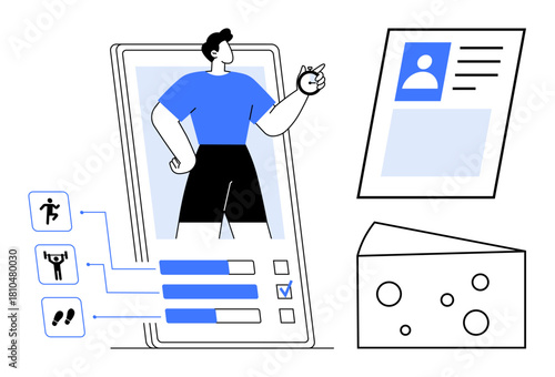 Fitness tracking. Fitness data monitoring through app, user profile integration, and activity tracking for health optimization. Fitness for health apps, profile management, exercise, wearable tech