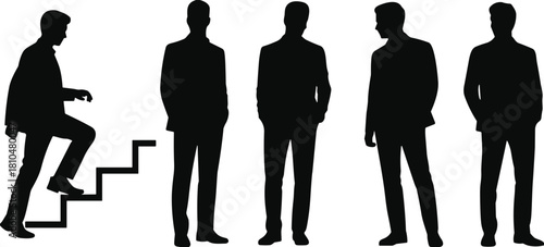 Business men silhouettes set; one climbing stairs symbolizing career growth, the others standing; success, leadership, ambition, and progress concept vector.Business men silhouettes set