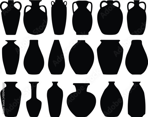 Set of ancient Greek and Roman pottery silhouettes, including various amphora, urn, and vase shapes; antique, history, art, and ceramic vessel vector.