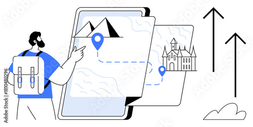 Man with backpack looking at a digital map with mountain and castle locations. Ideal for travel apps, navigation, adventure, tourism, exploration, planning, and goals. Simple flat metaphor