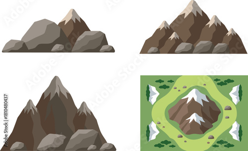 Cartoon mountains, snow peaks, top-down map, rocky terrain, green landscape, stylized design, game environment, nature illustration, outdoor scene, elevation, adventure, geography