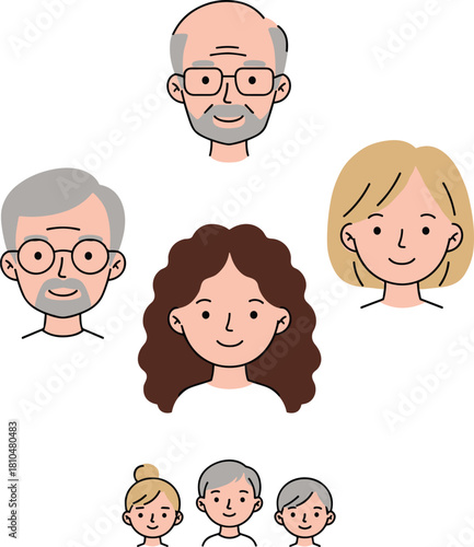 Cartoon multigenerational family portrait, diverse characters, grandparents, parents, children, smiling faces, family tree concept, educational illustration, happy relatives, generational connection