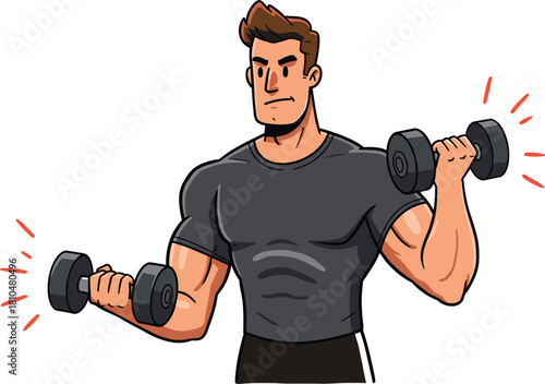 Cartoon muscular man lifting dumbbells, strength training, fitness workout, gym exercise, bicep curl, healthy lifestyle, focused athlete, power building, active routine, male fitness