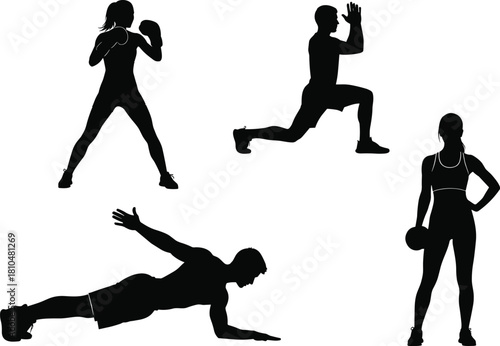 Silhouette set of athletic men and women performing diverse fitness exercises, dynamic workout poses, strength training movements, sports activity vector illustration for health and gym content