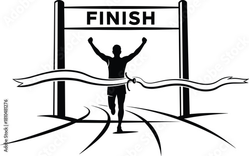 Silhouette runner crossing finish line with raised arms on track, victory moment scene, competitive race symbolism, inspirational sports vector illustration, monochrome design