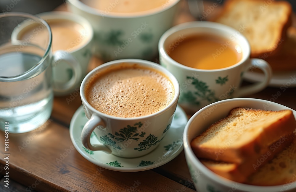 Fototapeta premium Tea in cups with generic fractal ornament with toast. Refreshing sweet milk drink Teh Tarik from Malaysia. Healthy tasty breakfast in cafe with toast and tea.