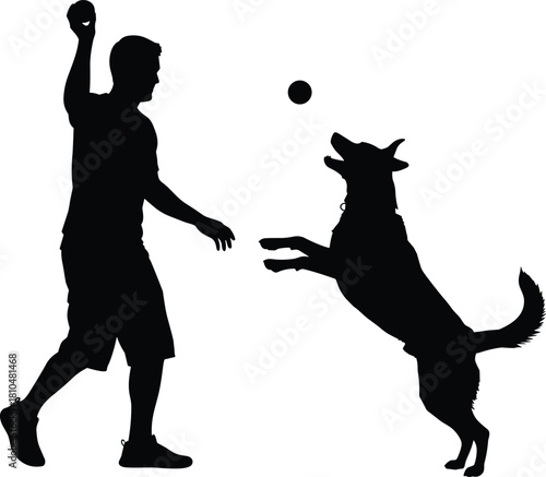 Silhouette vector illustration of a person throwing a ball while an excited dog jumps to catch it, showcasing playful interaction, outdoor activity, companionship, and energetic motion