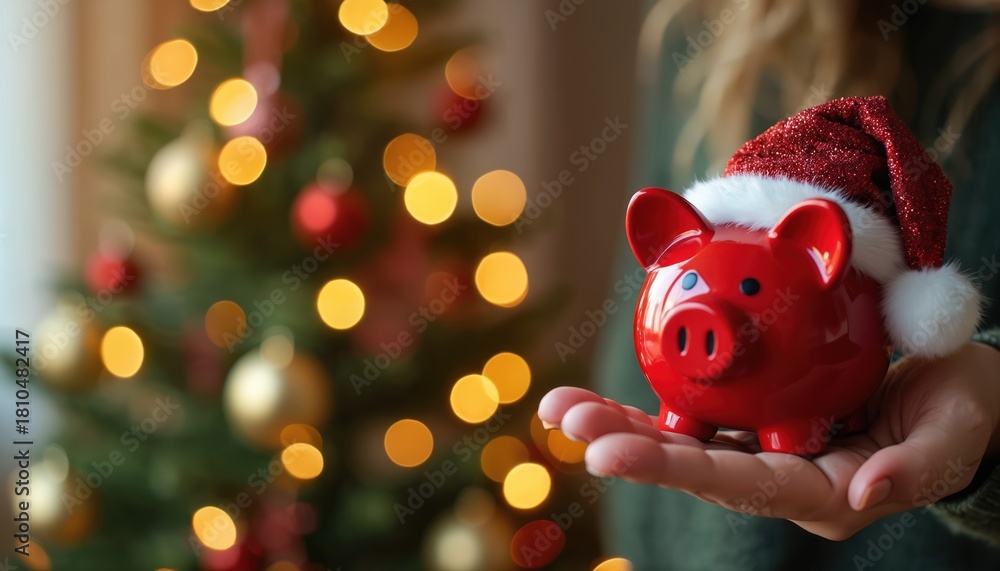 Fototapeta premium Red piggy bank with santa hat sits on palm near festive xmas tree with blurry warm lights. Person plans holiday budget saving money for gifts presents shopping.
